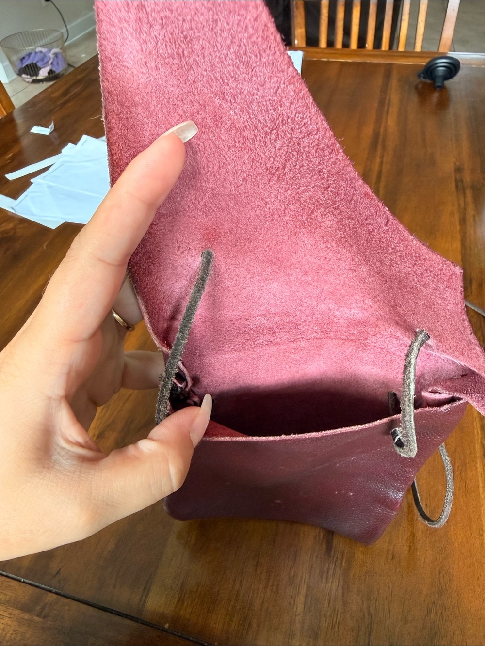 Burgundy Drawstring Leather Pouch - Picture 2 of 5